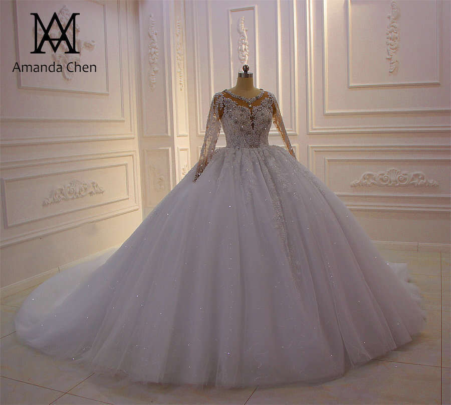 vestido de novia princesa Long Sleeve Lace Applique Rhie Crystal Pure White Wedding Dress
