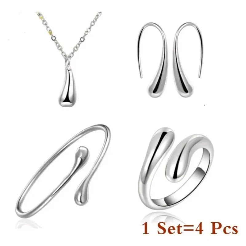 Fashion S925 Silver Needle Earrings Ring Bracelet Set Simple Personality Womens Water Drop Fourpiece Jewelry for Women Gift 241106