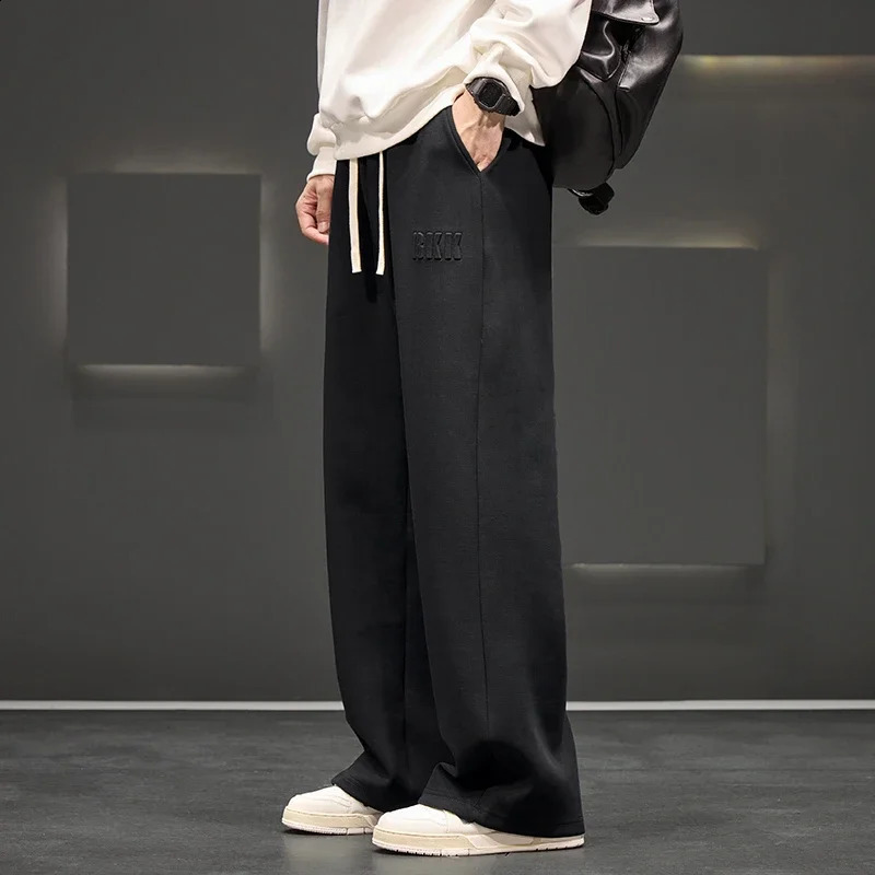 Autumn Men Knitted Sports Pant Steel Stamp Printing Wide Leg Casual Trousers Straight Solid Lightweight Cotton Fabric Unisex 241104