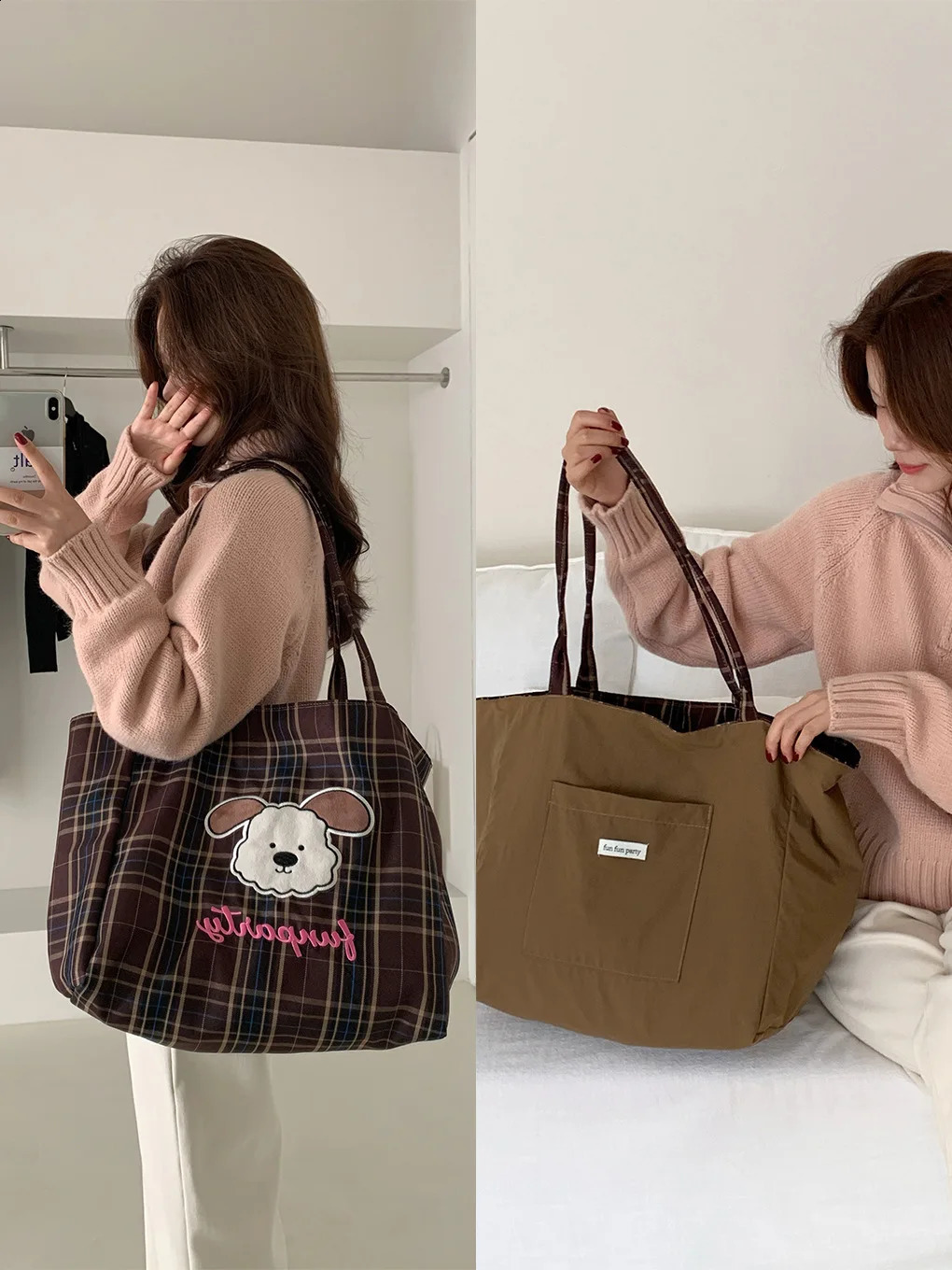 Cute cartoon dog womens canvas shoulder bag with letter printing plain weave womens double-sided large capacity handbag handbag 241105