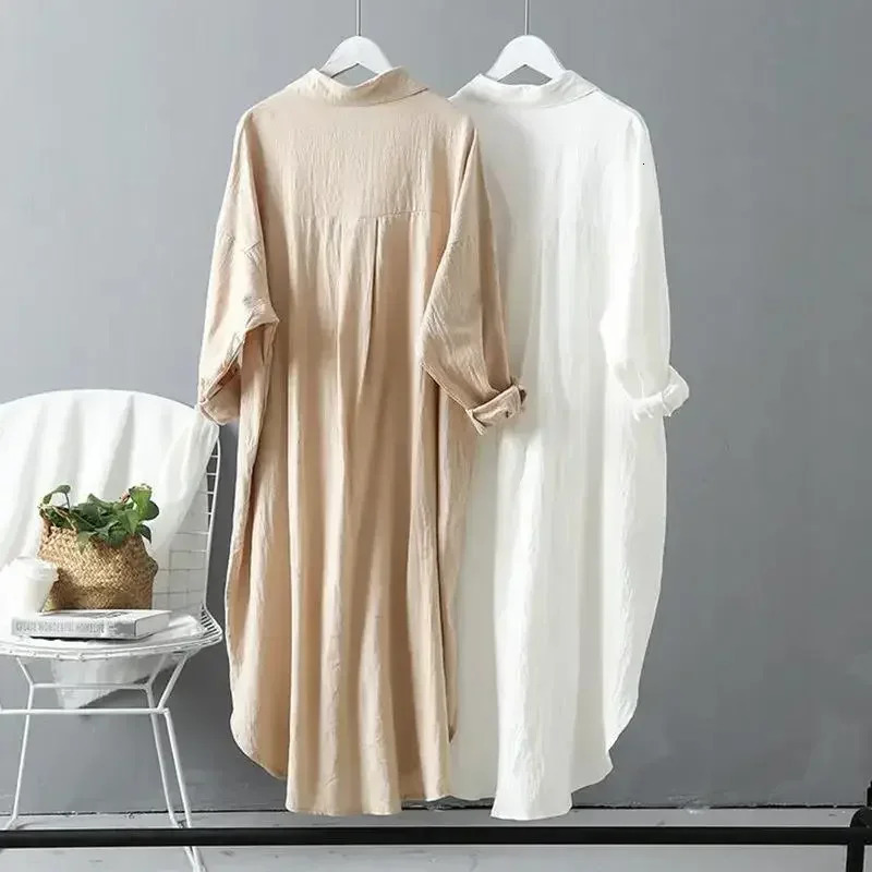 Long White Shirt Dress for Women Linen Cotton 2024 Spring Summer Casual Korean Clothing Vintage Oversized Midi Robe 241106