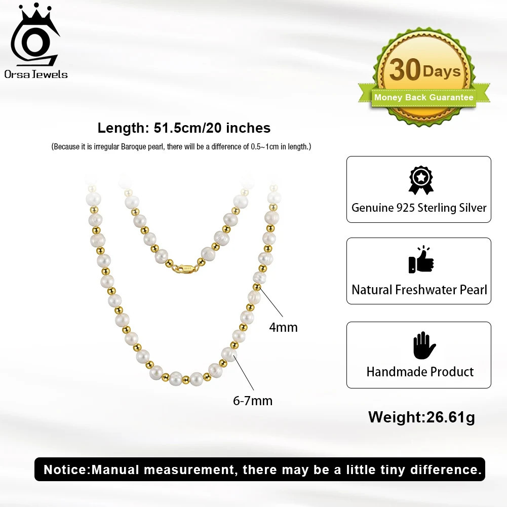 ORSA JEWELS 925 sterling silver natural pearl necklace with ball beads suitable for mens and womens pearl necklaces jewelry NMN09 241106