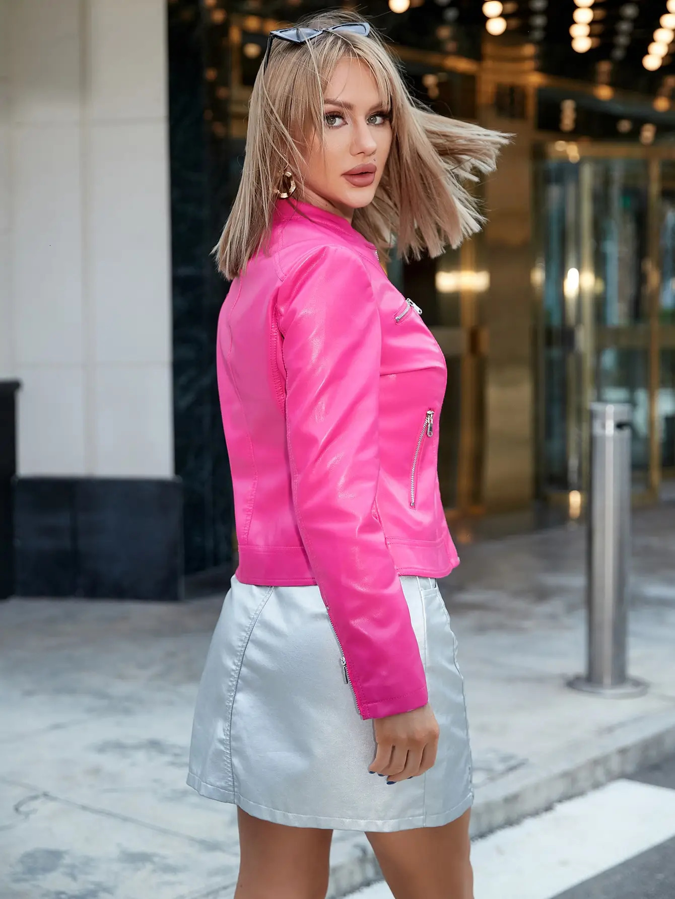 Womens Fashion Trend Simple Autumn Winter Analog Collar Zipper PU Leather Motorcycle Jacket 241106