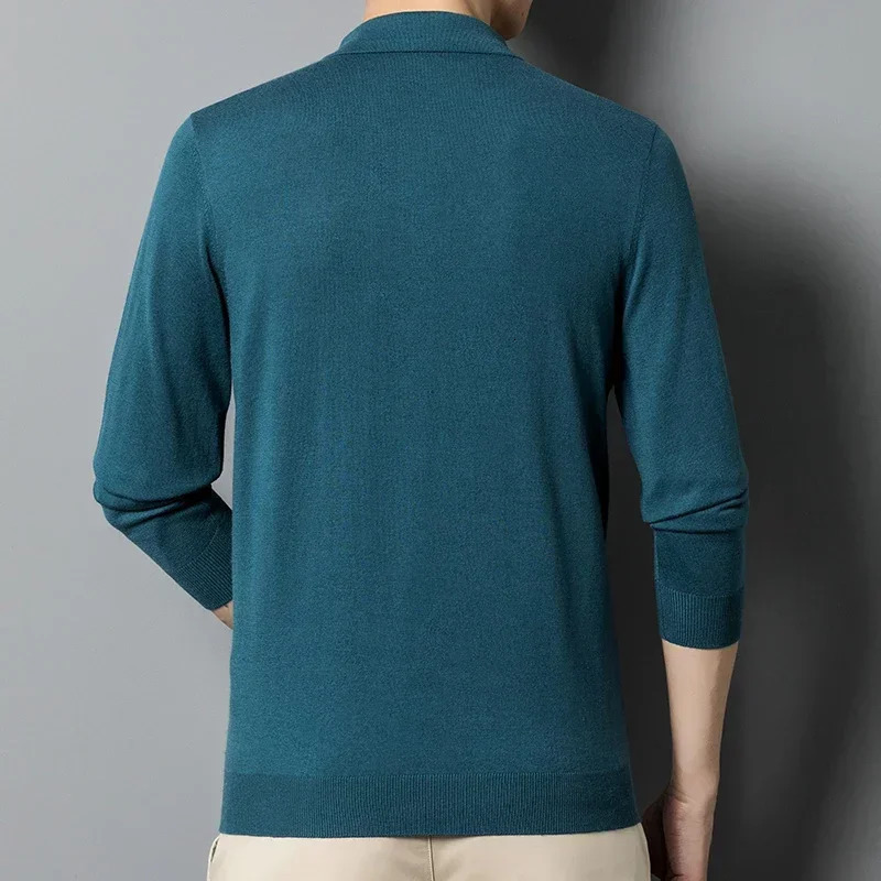 Mens Autumn Long-Sleeved Wool Blend Solid Color Polo Pullover Sweater with Lapel Casual Bottoming Sweater -Sizes M-4XL 241106