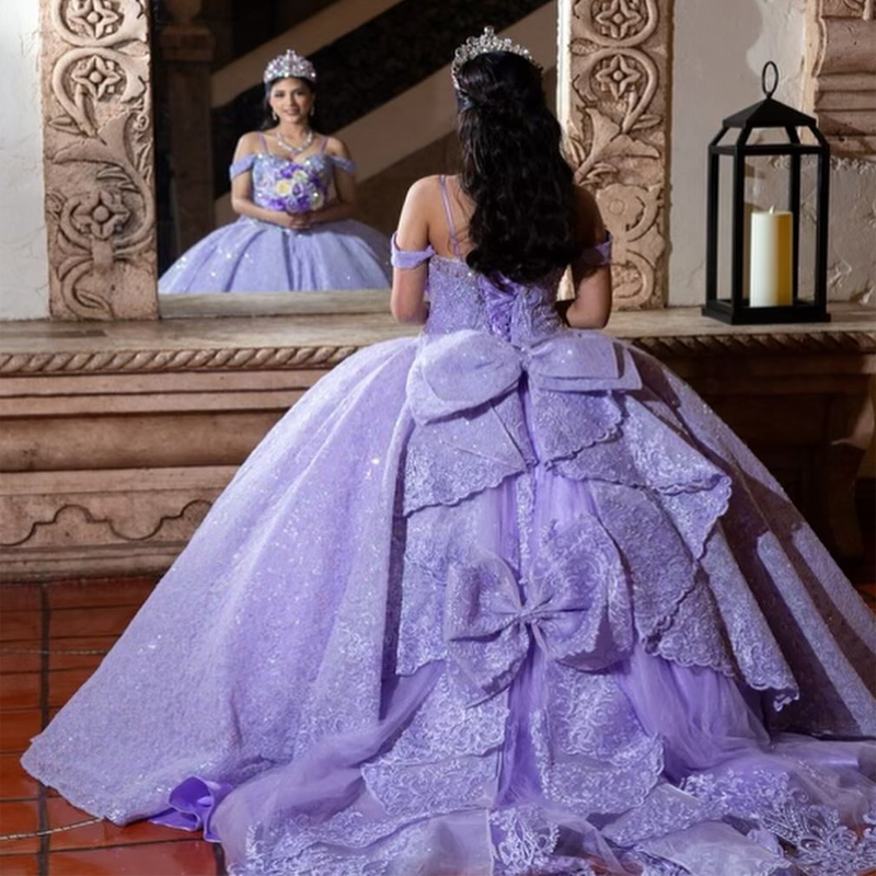 Mexico Lavender Off The Shoulder Ball Gown Quinceanera Dress For Girl Applique Lace Beaded Birthday Party Gowns Prom Dresses Sweet 16