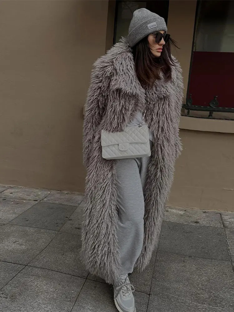 Women Fashion Warm Faux Fur Fluffy Overcoat Elegant Thicken Full Sleeve Long Coat Autumn Winter Female Commuting Streetwear 241104