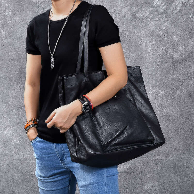 Genuine Leather Large Capacity Black Tote Men's Handbag Casual Real Cowhide Women's Work Travel Shopping Shoulder Bag