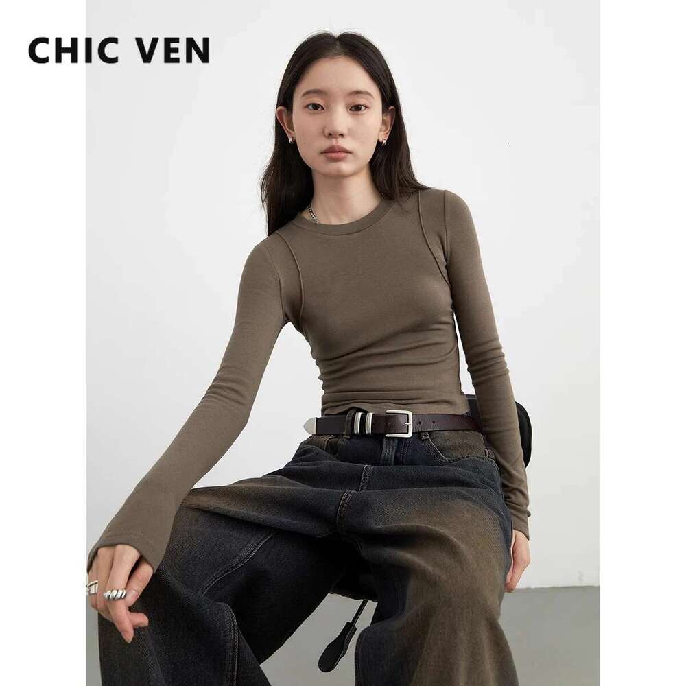 CHIC VEN Women T-Shirts Solid New Basic Heating Cashmere Round Neck Woman Tees Slim Fit Female Tops Spring Autumn 2024