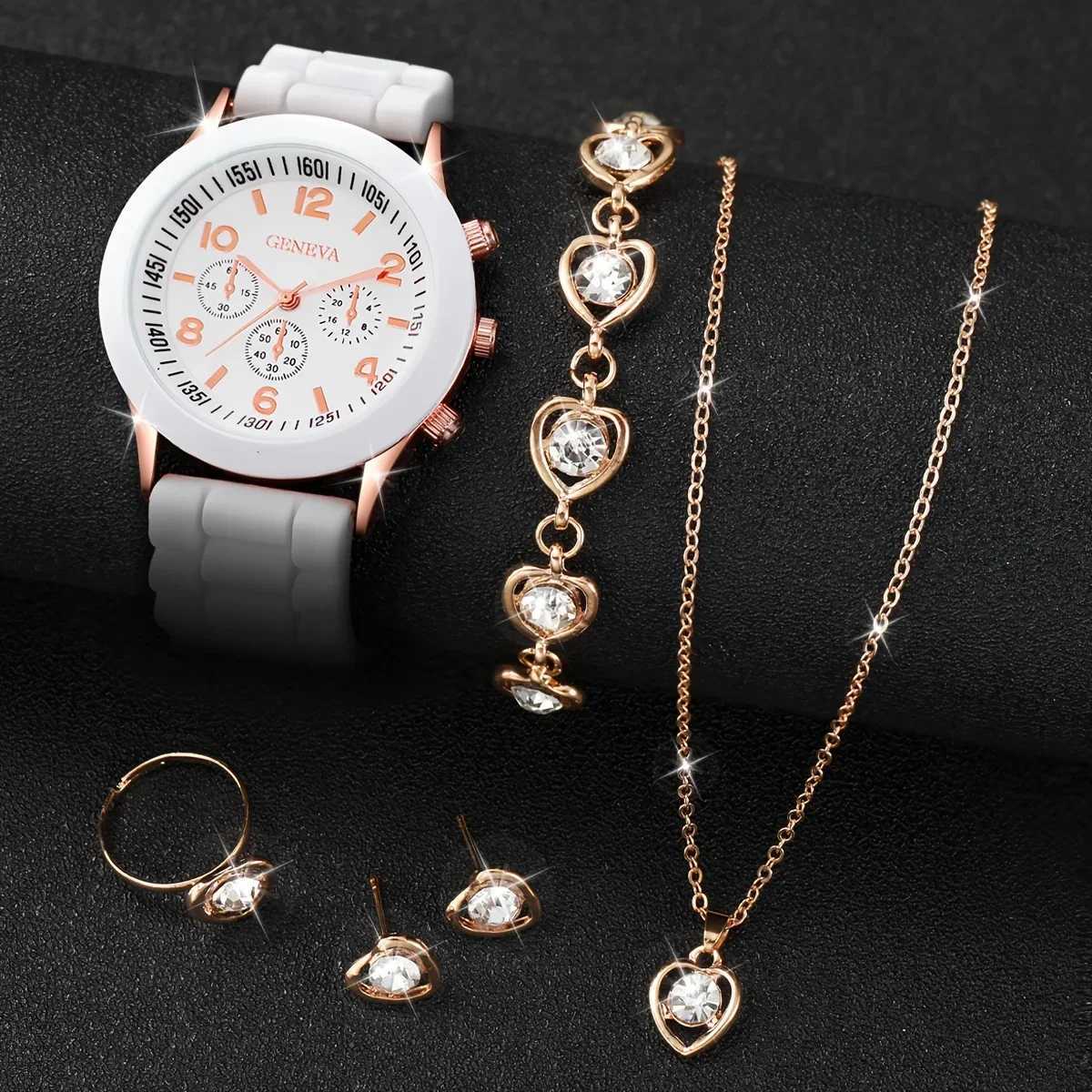 Able Circar silicone quartz watch suitable for students Ins style 5-piece white and black shaped jewelry set X241106