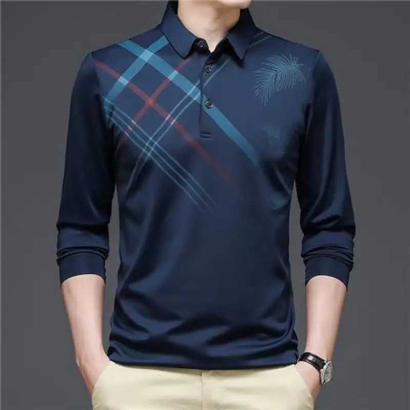 Long Sve Mens Polo T-shirt Spring and Summer Striped Flat V-neck Ts Clothing Button Loose Printed Top W241106