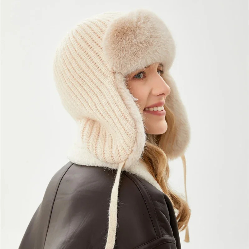 Gorros Winter Female Russian Ushanka Bomber Hat Pilot Trap Hat Artificial Rabbit Fur Earrings Snow Hat 241106