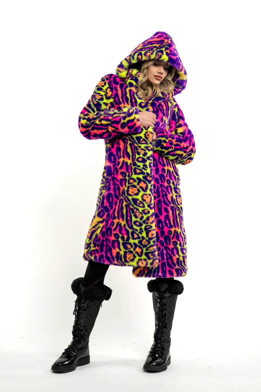 Womens Faux Fur Jacket Long Autumn And Winter Coat For Women In Neon Glitzy Leopard Print Hooded 241104