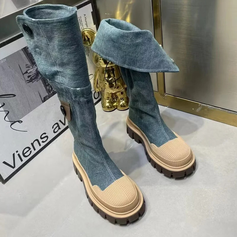 Women Flats Platform Denim Winter Designer New Knee High Motorcycle Boots Casual Goth Shoes Snow Botas Mujer