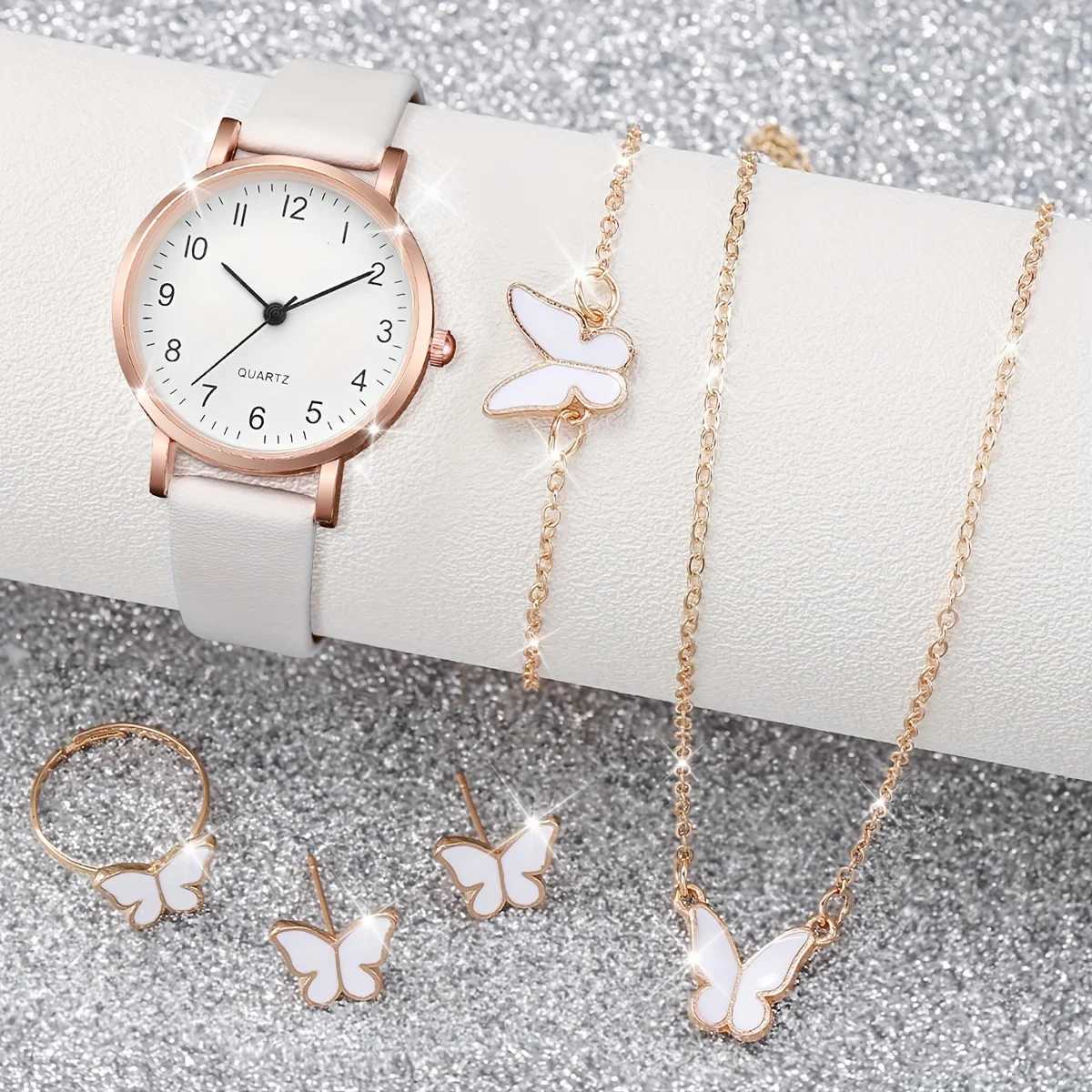6 pieces/set of Wens watches casual round hands quartz watches simulated PU leather watches and jewelry sets as a gift for M X241106