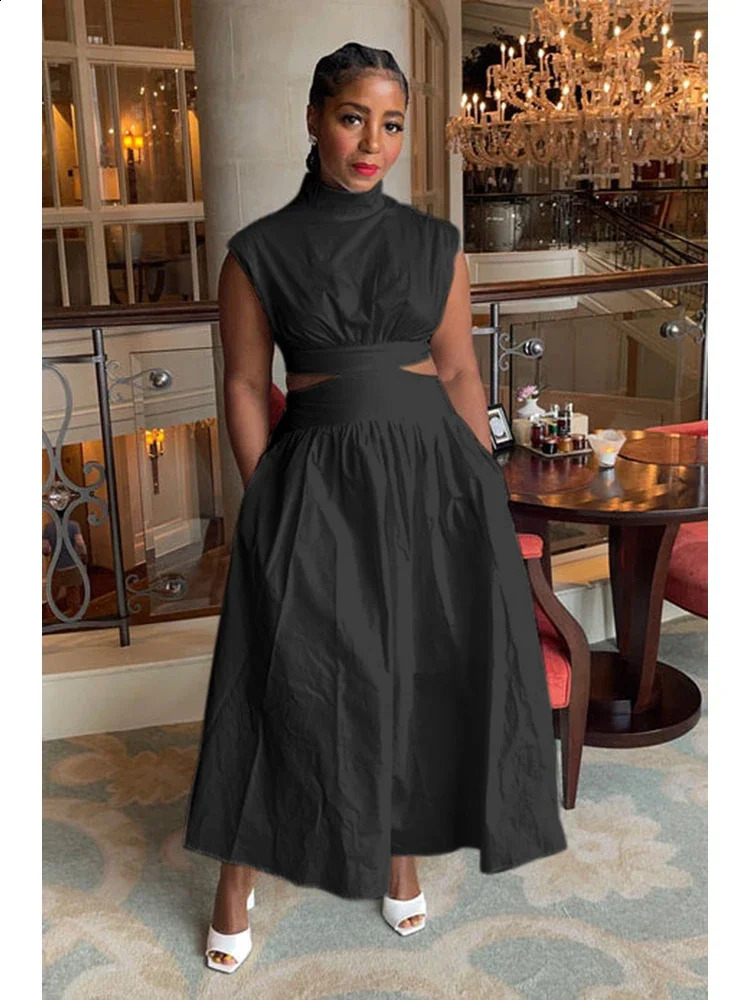 Summer Dresses Mock Neck Sleeveless Cutout White Maxi Dresses A-line Elegant Pockets Casual Party Hollow Out Long Dress