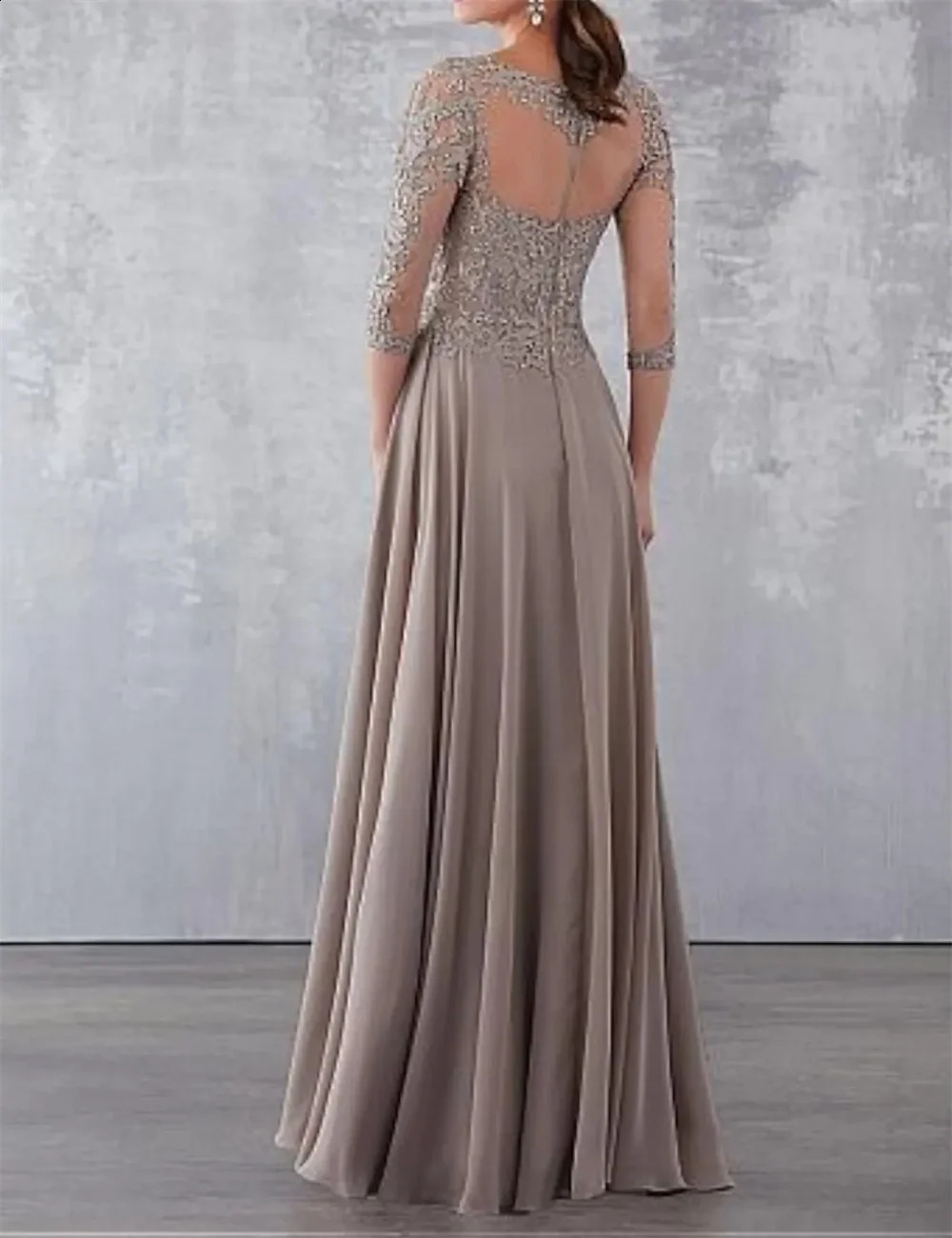 Elegant Mother of The Bride Dresses Wedding Party Dresses See Through Lace 3/4 Length Sleeve Floor Length Chiffon with Draped 241105