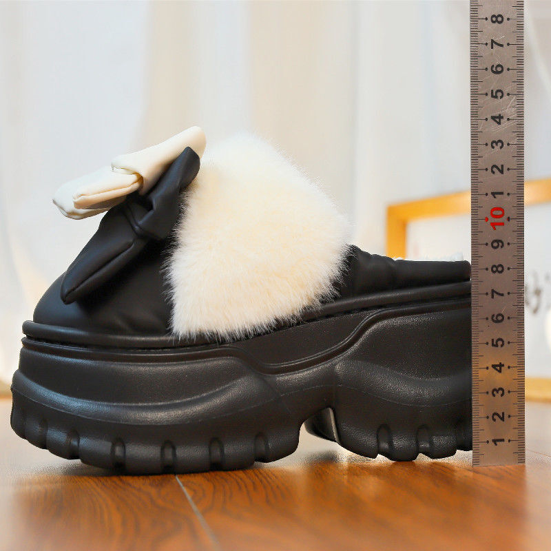 High Heels 7.5cm Bow Slippers Home Women's 2025 Designer New Autumn/winter Warm Thick Bottom Plush Slippers Women's Platform Waterproof Slip