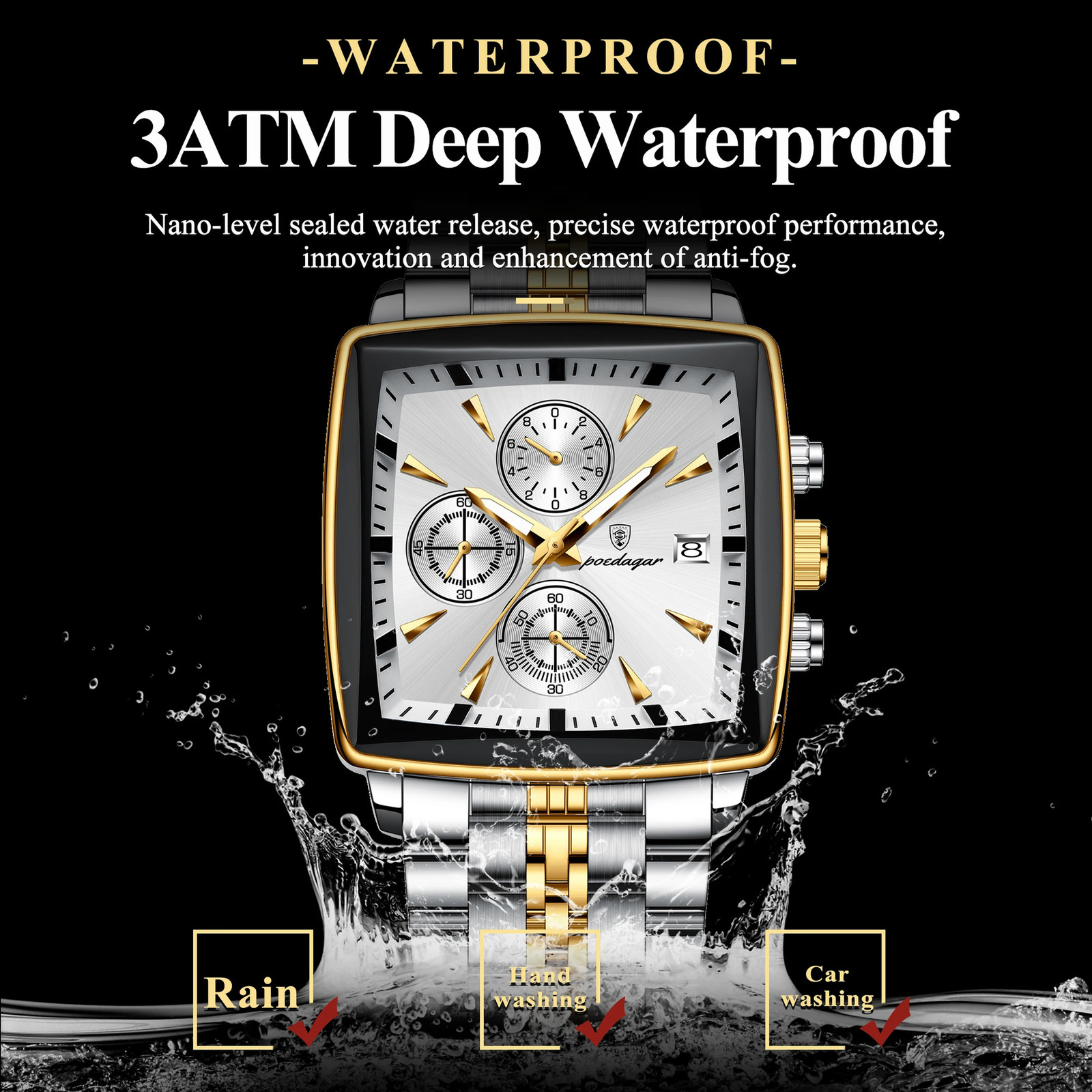 Poedagar Square Sports Mens Watch Waterproof Luminous Timing Quartz Mens Watch Stainless Steel Mens Watch Reloj 241105CJ
