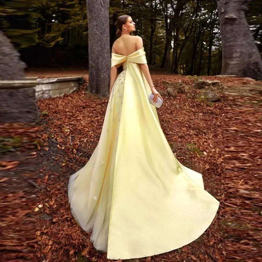 Arabic Yellow Satin Dubai Evening Dress with Cape Train 2024 Elegant Off Shoulder Women bc19731