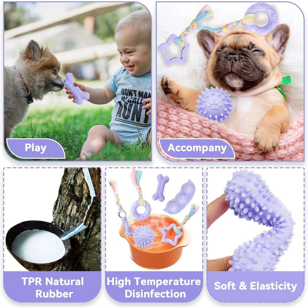 Petcare 6 Pack Cute Purple Chew Toys for Puppies 0-6 Months, Soft Rubber Rope Dog Teething Best Small Toys, Puppy Essentials Supplies