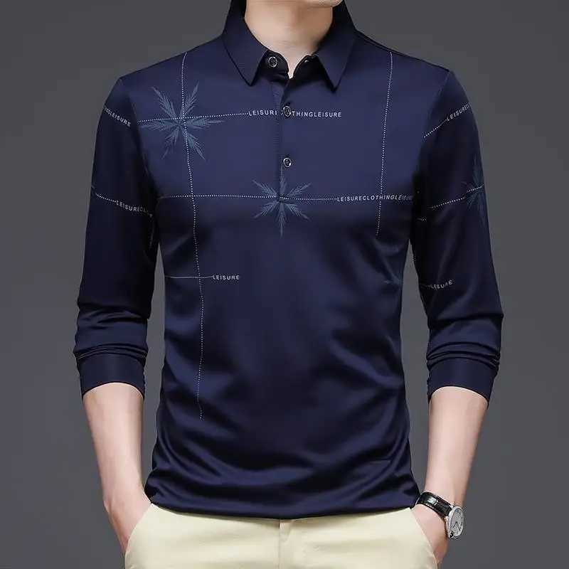 Long Sve Mens Polo T-shirt Spring and Summer Striped Flat V-neck Ts Clothing Button Loose Printed Top W241106