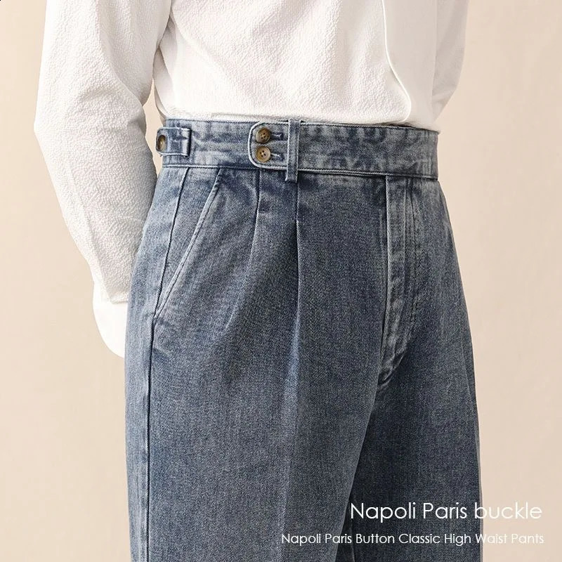Fashion Vintage Men Naples Jeans Pants British Styles Waist Buckle Trousers Autumn Business Gentleman Casual Denim 241104