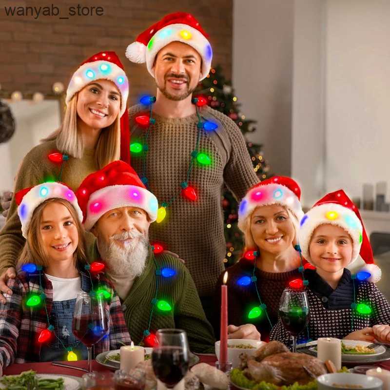 Wide Brim Hats Bucket Hats 2025 Light Up Christmas Hats With Necklace Set Children Adult Hat Christmas Santa Cap Gifts For New Year Christmas Decorati
