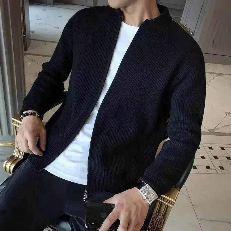 Autumn Winter Mens Solid Color Knitted Cardigan Sweater Jacket Casual Slimming Top Fashionable White Coat 241106