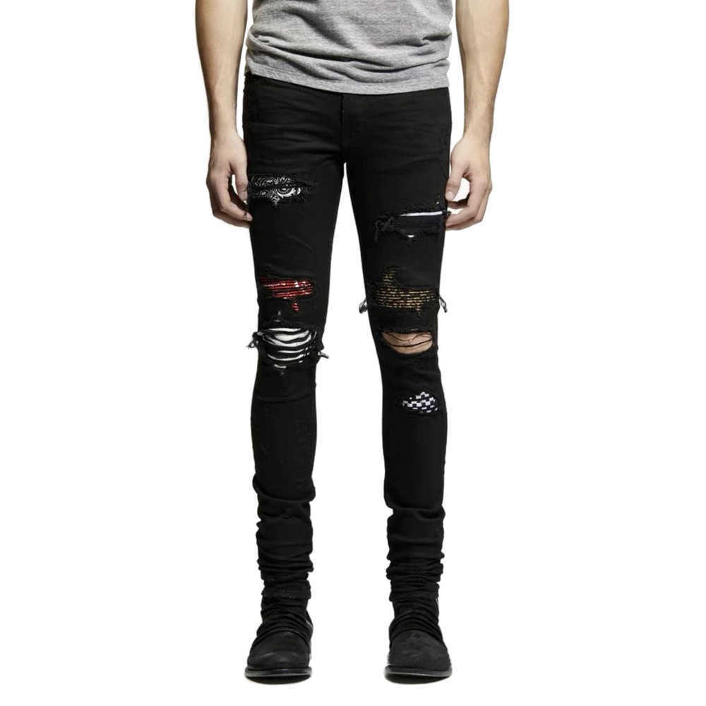 Men's Jeans Cashew flower leopard print patchwork ripped high street trend small foot stretch jeans Q241106