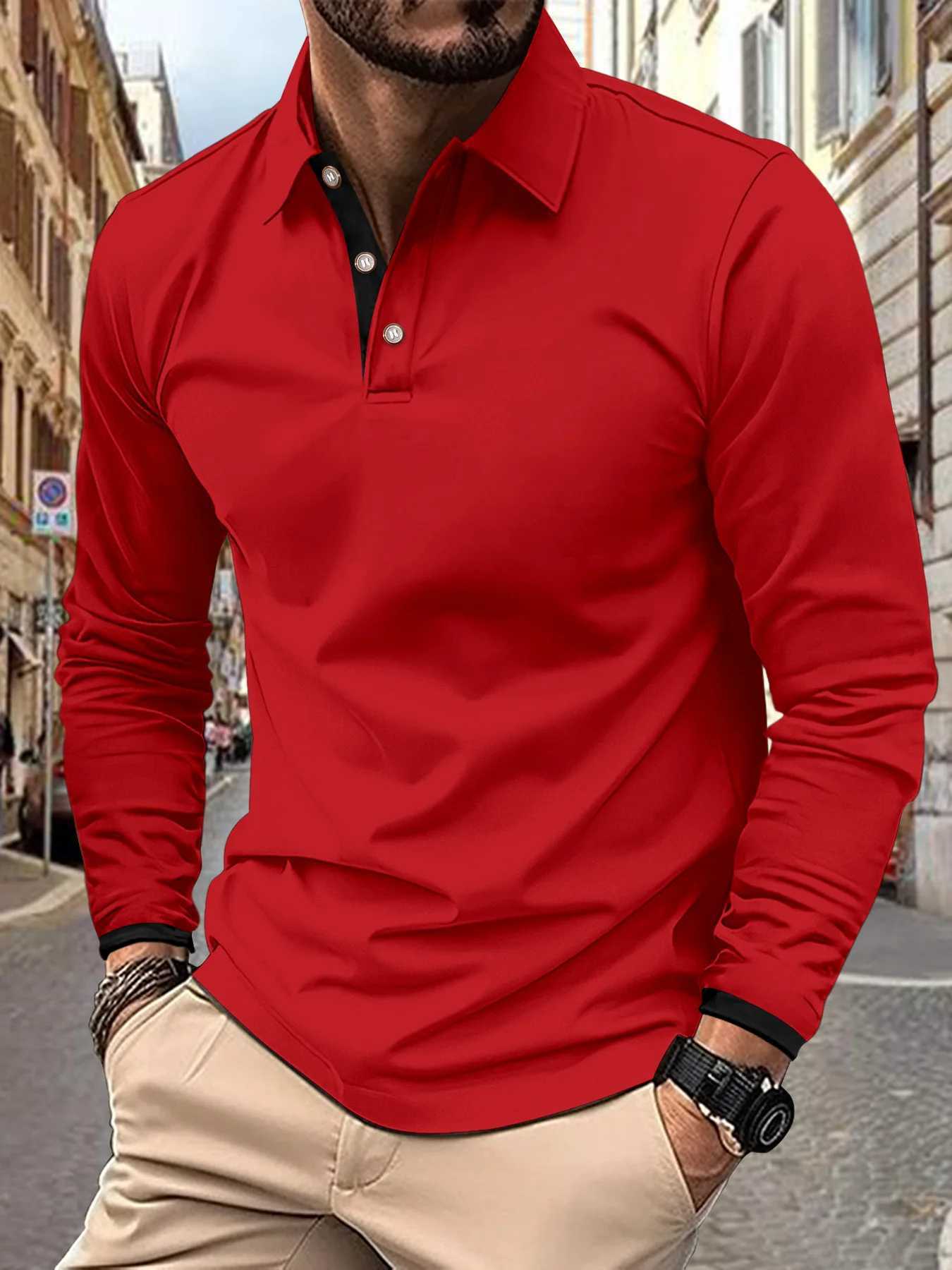 Spring and autumn mens solid color business slim fit shirt with new color matching lapel long SVE casual sportswear W241106
