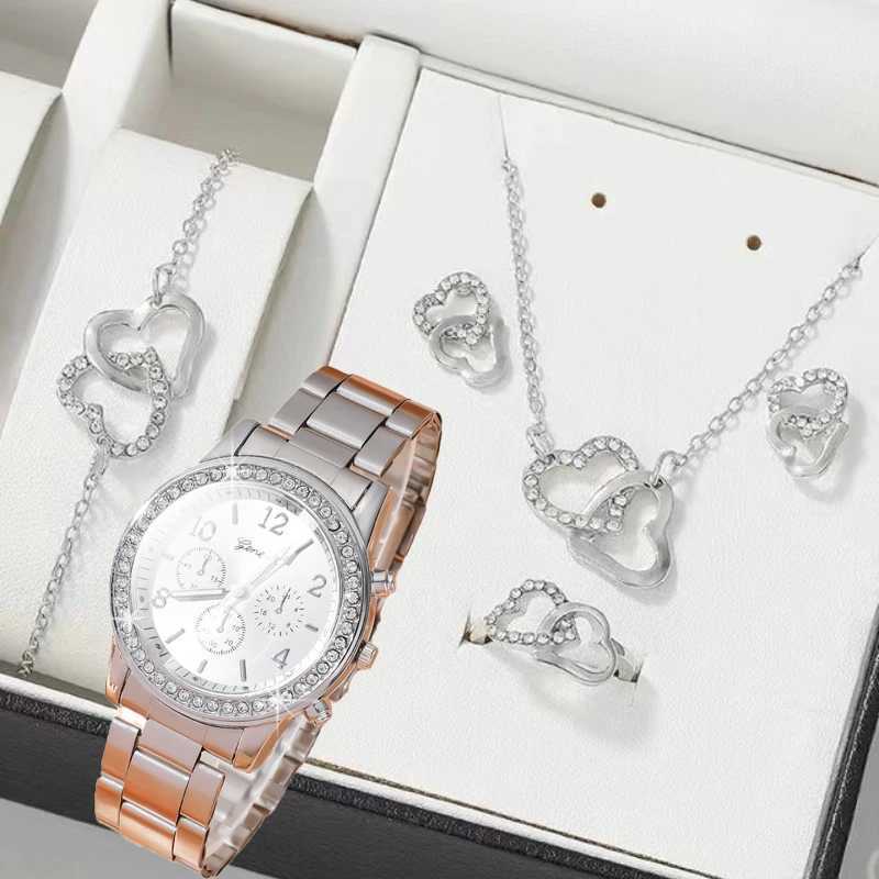 6 Dainty quartz watches with jewelry set suitable for Rhinestone watches double necklace bracelet earring set X241106