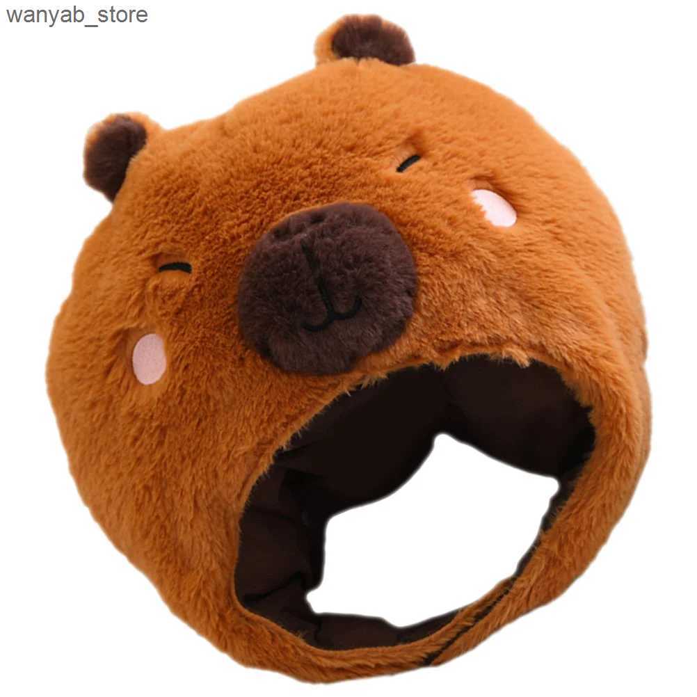 Wide Brim Hats Bucket Hats Animal Head Mask Capybara Animal Hat Plush Capybara Cap Cartoon Headwear Stuffed Rodent Hat Christmas Party Cosplay Costume