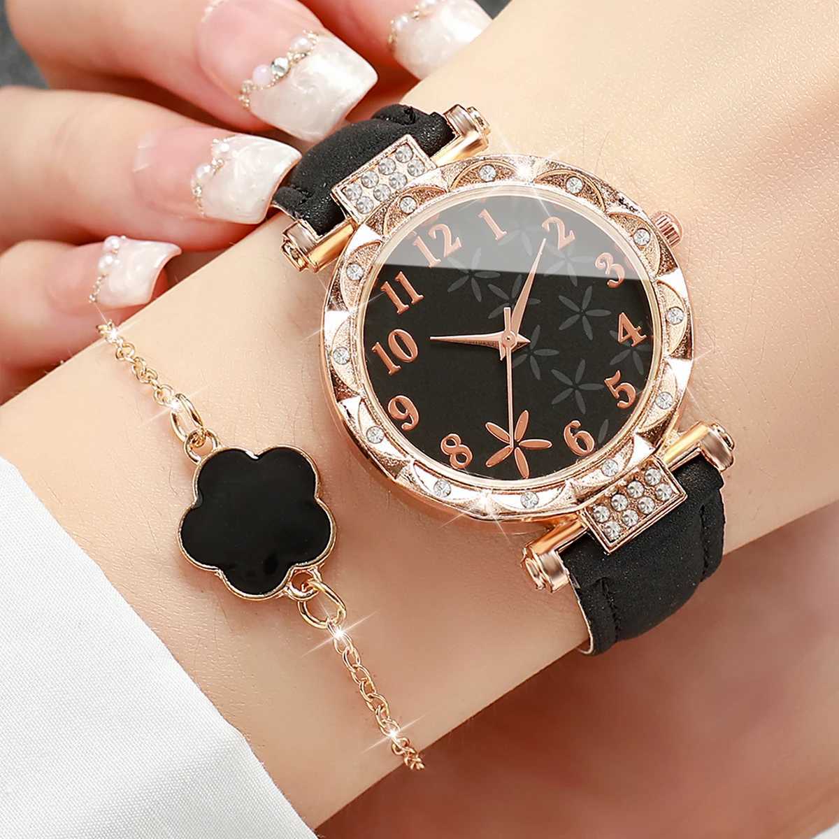 6-piece/set Warm Sweet Wind Watch Set Fashion Flower Series Leather Quartz Watch Bracelet Set X241106