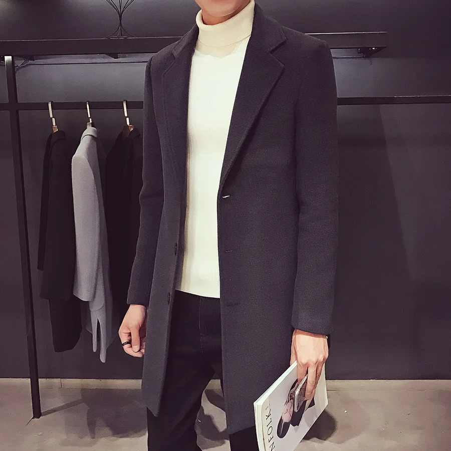 Autumn and winter slim fit mens long wool coat with single chest collar street fashion business trench coat for mens wear 241106