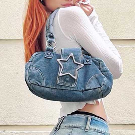 Fashionable metal pointed star decoration denim handbag, women's versatile washable distressed single shoulder armpit bag 241115