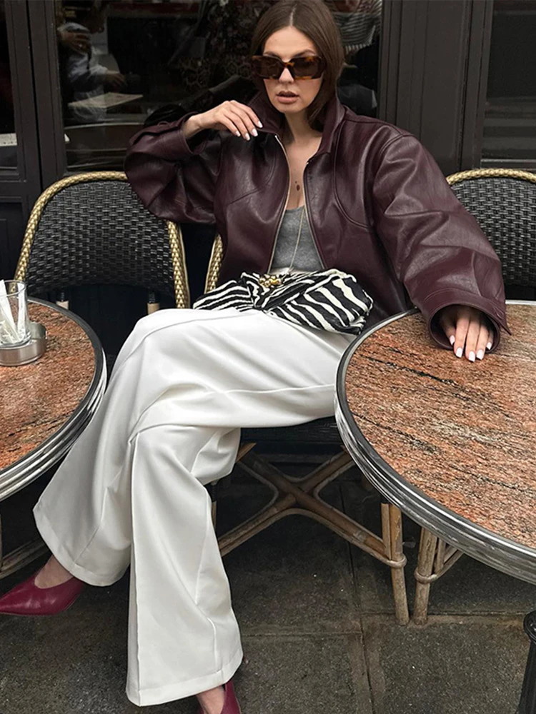 Casual Pu Leather Jackets Women Loose Zipper Lapel Long Sleeves Coats Female 2024 Autumn Winter Solid Cool Streetwears Lady 241106