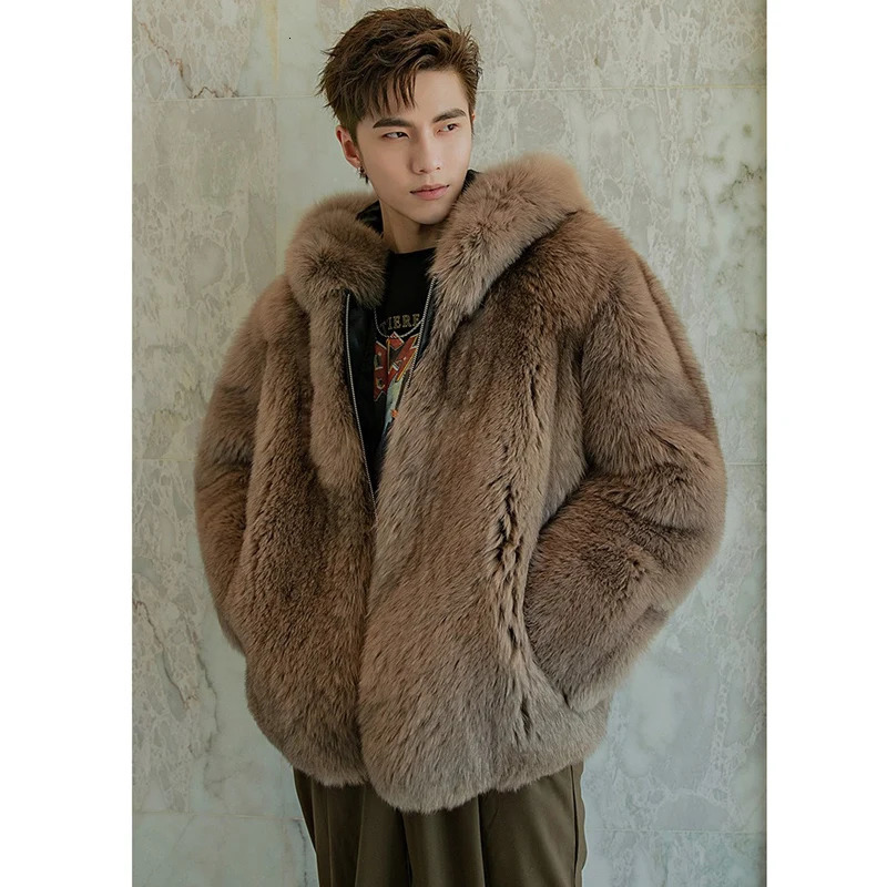 Fur coat mens fox fur short jacket autumn/winter warm wool coat mens leather hooded casual jacket 241106