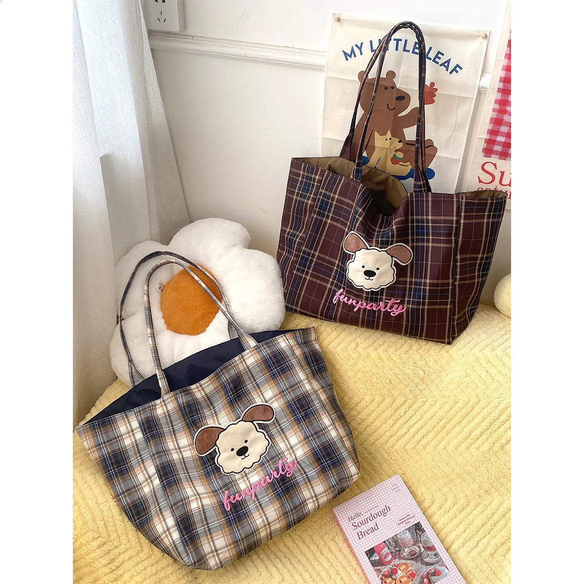 Cute cartoon dog womens canvas shoulder bag with letter printing plain weave womens double-sided large capacity handbag handbag 241105
