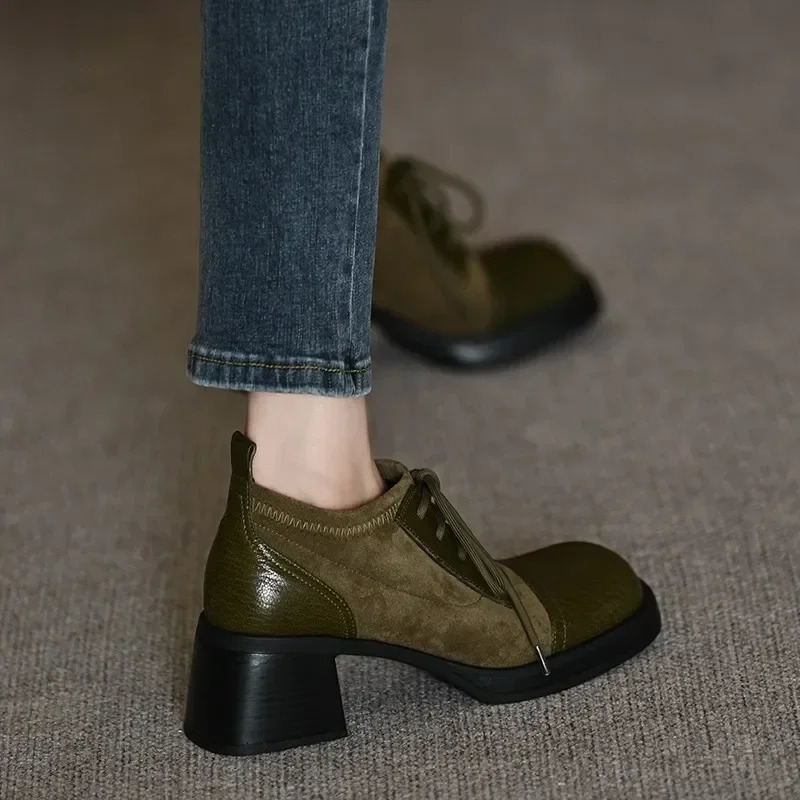 Boots Womens Fashion CasualShoes Solid Color Shoes for Women Lace Up Round Toe Chunky Heel Ladies Dress Shoes 241106