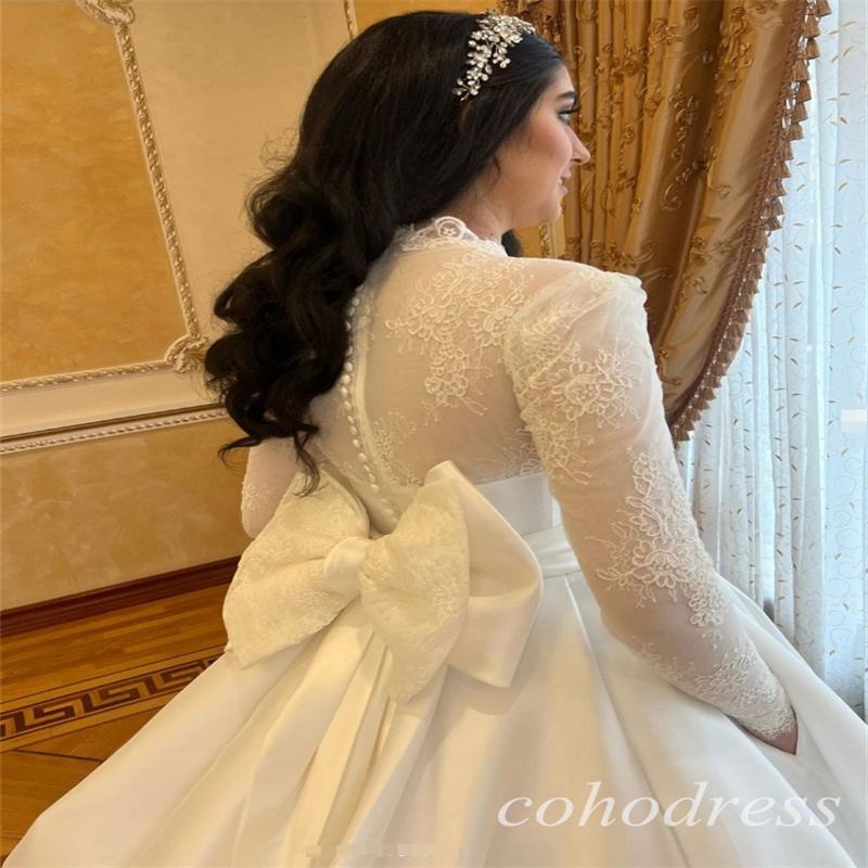 Arabic Ball Gown Princess Wedding Dresses With Bow High Neck Long Sleeve Lace Romantic Bridal Gowns Modest Country Bride Women Vestios De Novia Margie