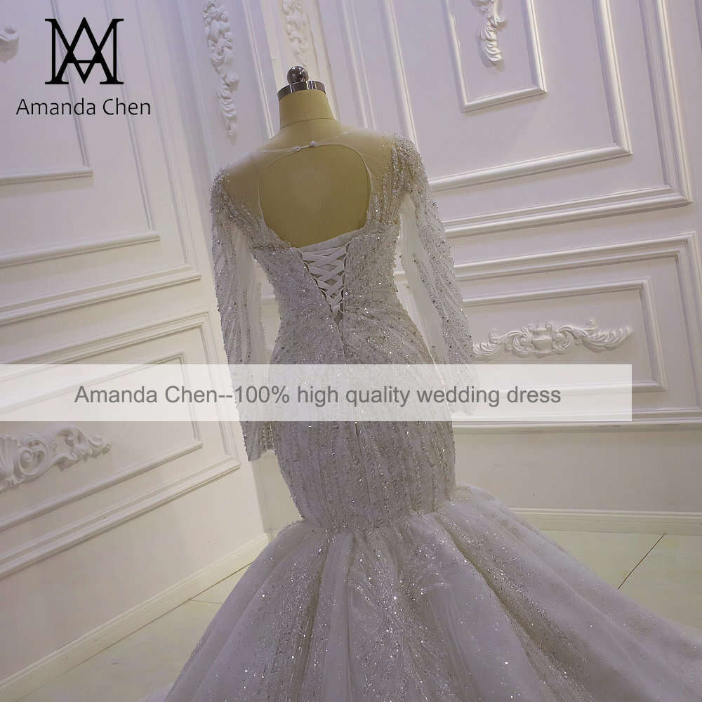 Long Sleeve Lace Beads Mermaid Wedding Dress