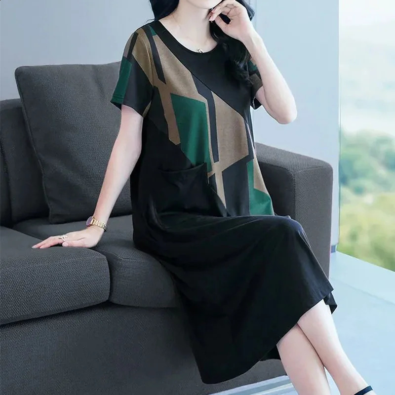 Summer Elegant Fashion Retro Aesthetic Loose Chinese Style Womens Clothing Sweat Office Lady O Neck Pockets Dresses 240329