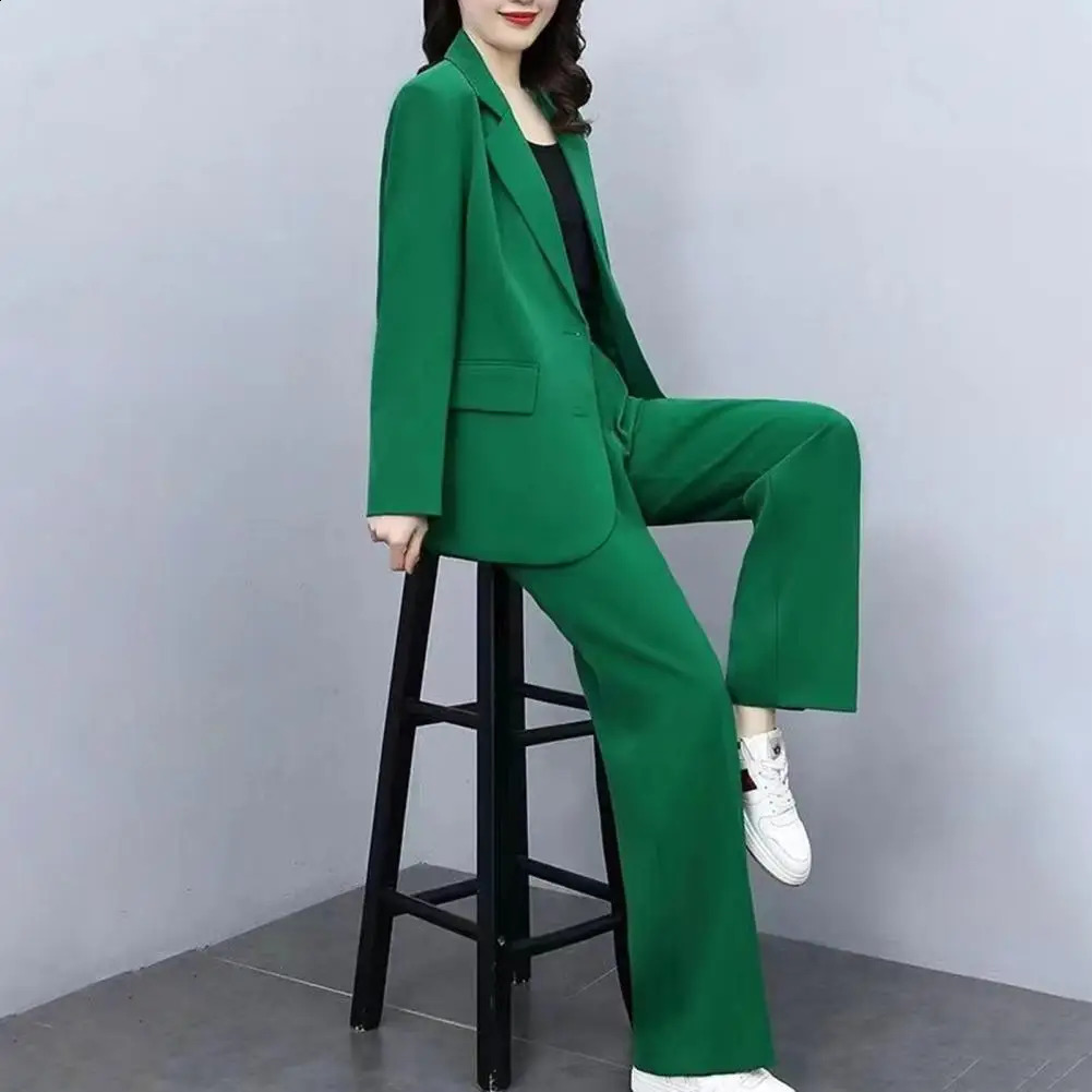2 PcsSet Autumn Women Coat Pants Suit Formal Business Style Lapel Button Clre Twopiece Set Long Sleeve Wide Leg Lady Outfit 241105