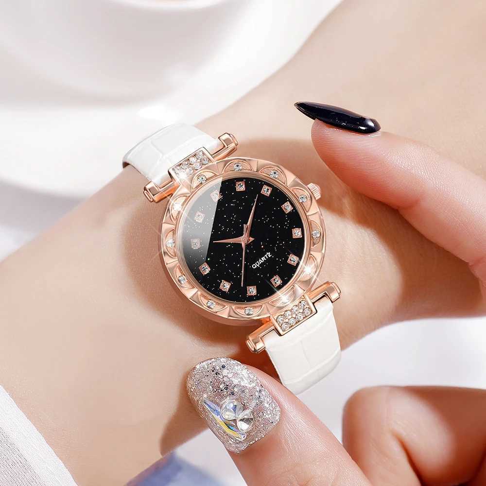 6-piece/set white watch PU strap quartz watch square diamond star sky dial jewelry set X241106