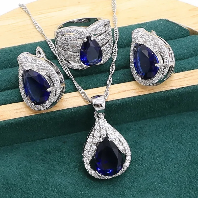 Royal Sapphire 925 Sterling Silver Jewelry Set Womens Bracelet Ring Earrings Necklace Ring Earrings 241106