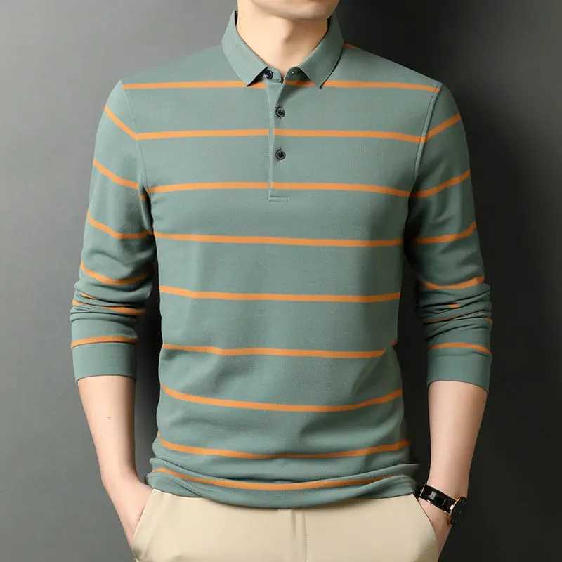 Fashion Mens Cotton Long Sv Shirt Spring and Autumn New Mens T-shirt Collar Basic Loose Casual Stripe Top 2022 W241106