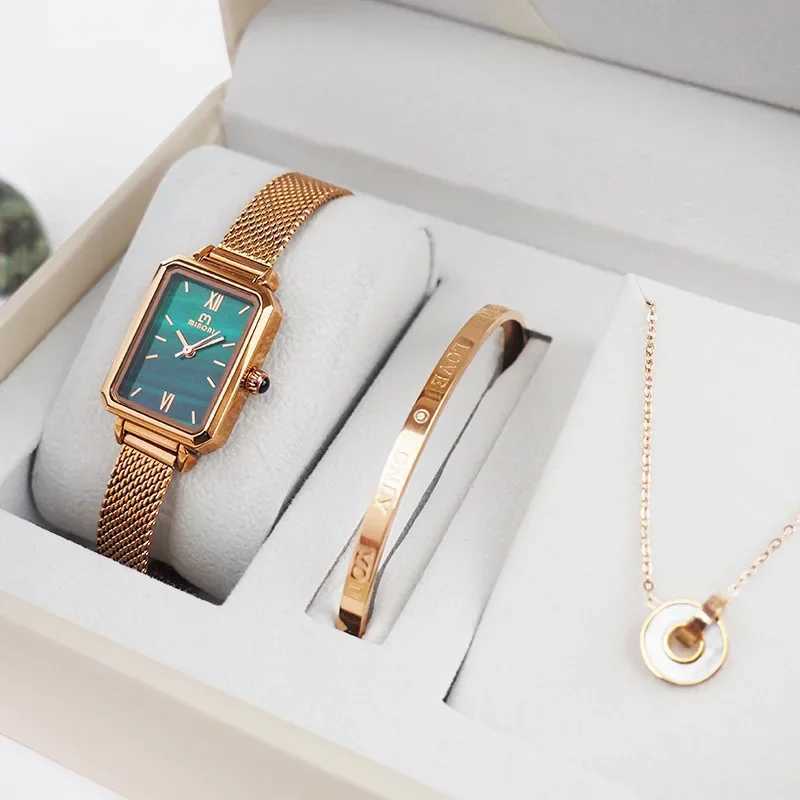 Miboni Womens Watch Premium Sense Small Square Watch Gift Box Three Piece Set Mini Green Watch X241106