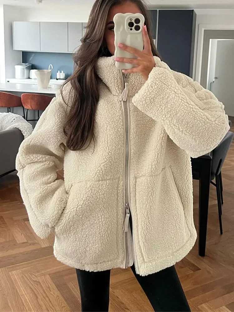 Fashion Women Solid Double Headed Zipper Lamb Wool Coat Casual Stand Collar Long Sleeve Pocket Jacket Autumn Winter Warm OutwearX241018