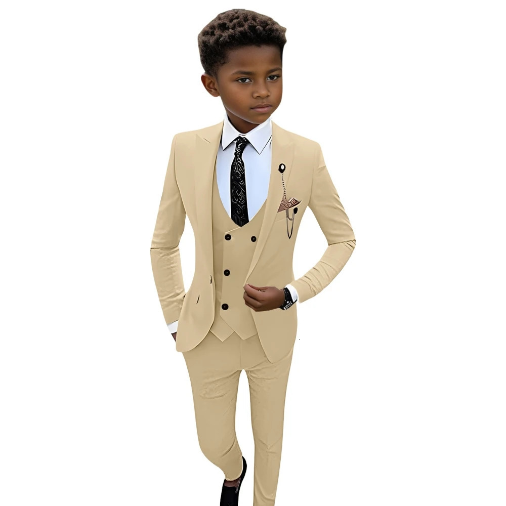 Champagne Notched Lapel Suits For Kids School Uniforms Boys Regular Fit Suit Set 3-14Y In Stock Wedding Ring Bearer Outfit 241106
