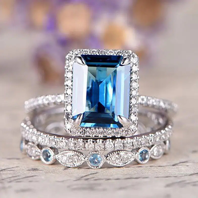 3PCS Elegant Wedding Rings Vintage Jewelry 925 Sterling Silver Fill Princess Cut Blue Cubic Zircon CZ Diamond Women's Fashion Bridal Ring Set Chr